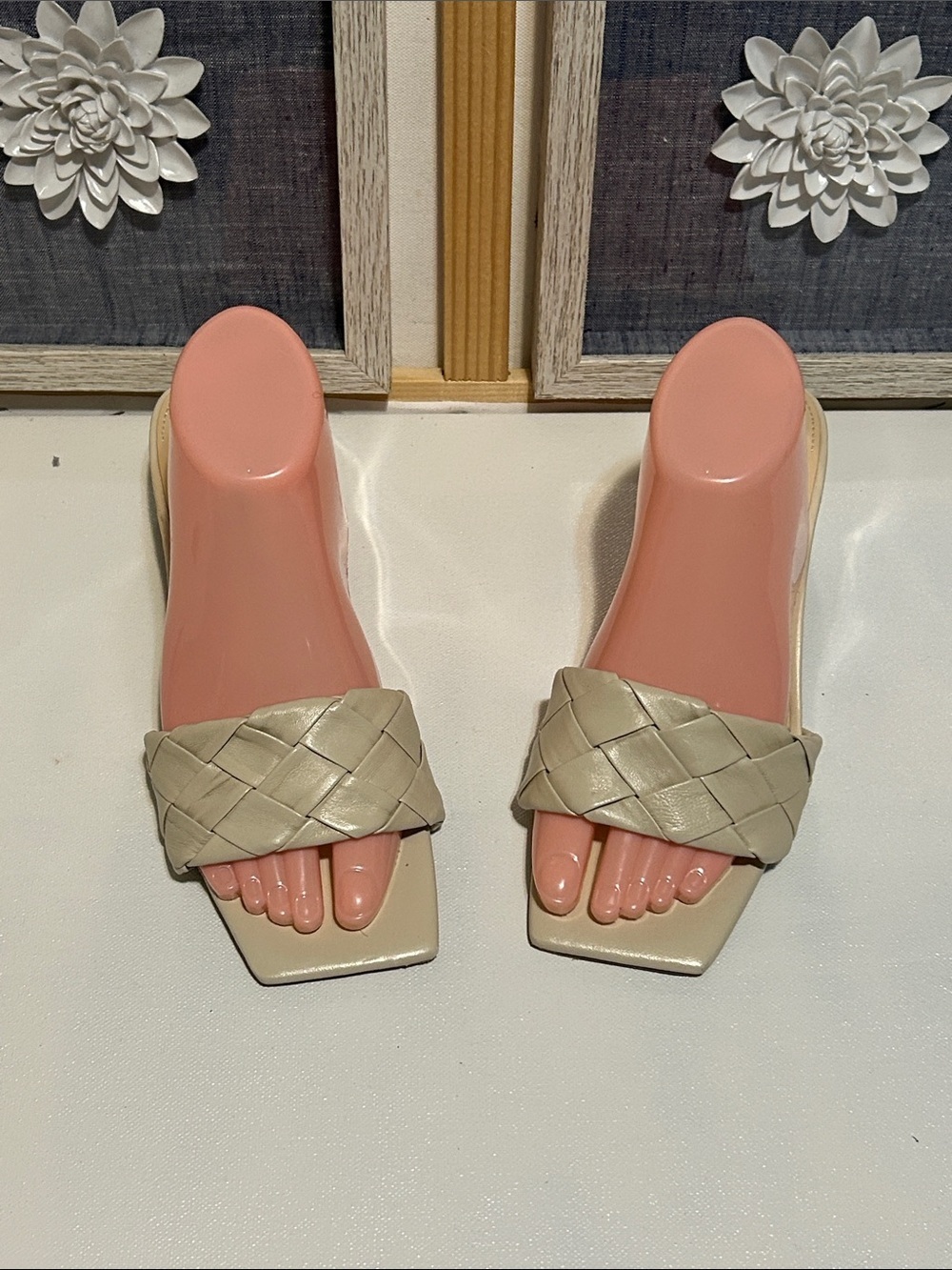 Woven Square-Toe Slide Sandals in Cream - Women's